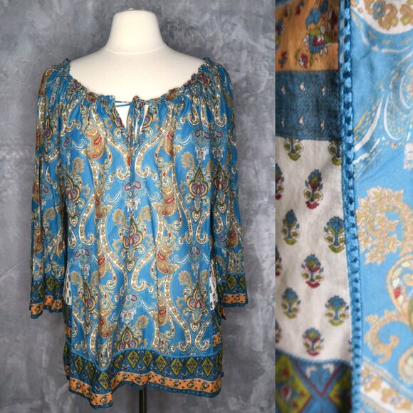 LUCKY BRAND Nora Boho Print Tunic Size XL Cotton 3/4 Sleeve Tassel Tie Front - Picture 1 of 7